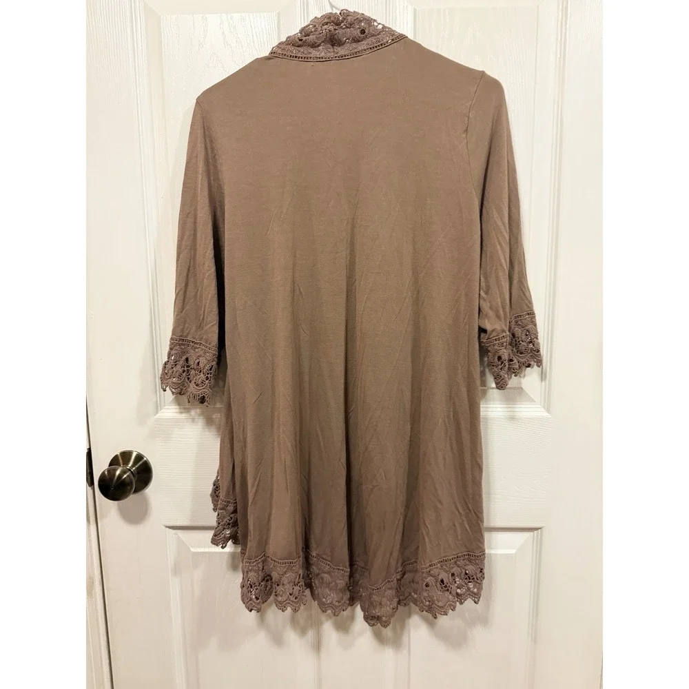 Fever Womens Mocha Brown Crochet Lace‎ Trim Open Front Cardigan 3/4 Sleeve Large